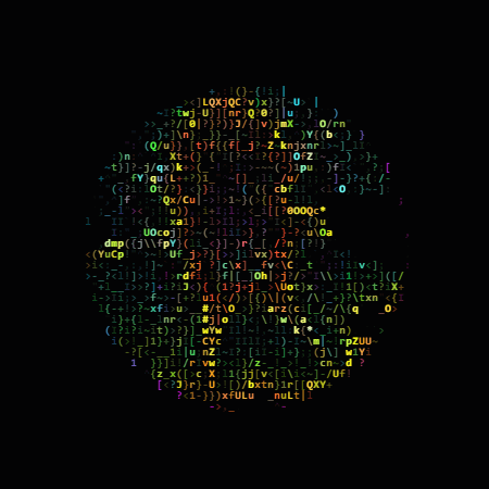 mesomorpheus — a rotating coin of rainbow ASCII glyphs bearing the radiograph of a tardigrade